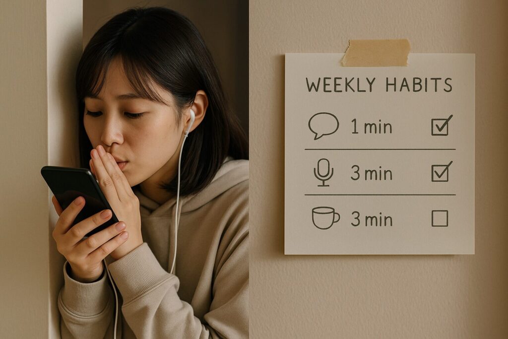 speakでレッスンしているシャイな女性