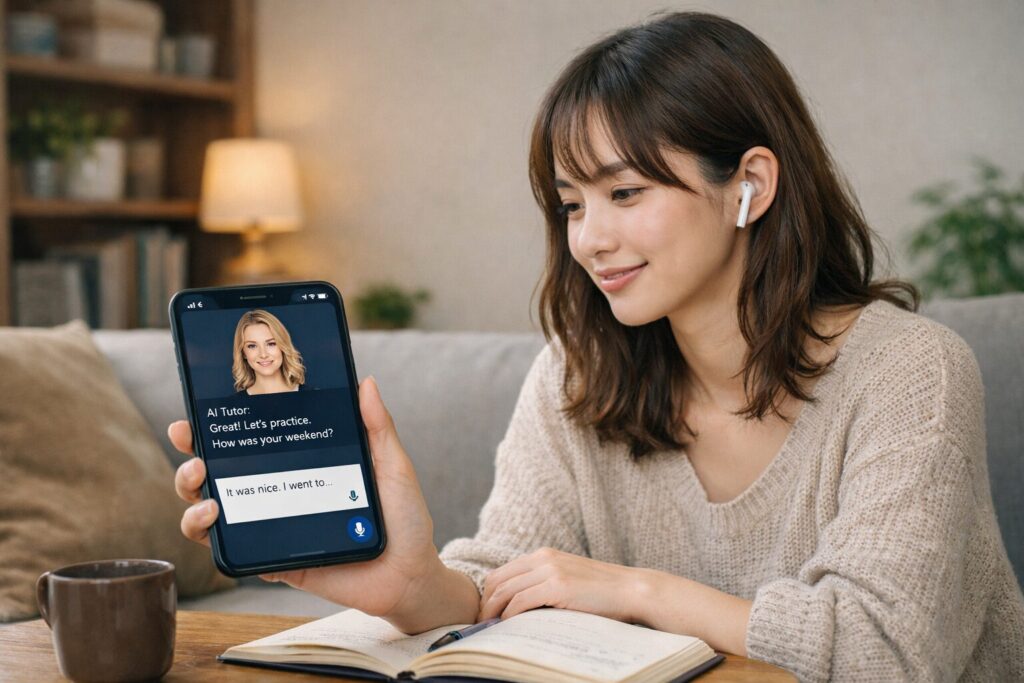 インテリアでAI英会話を学ぶ女性